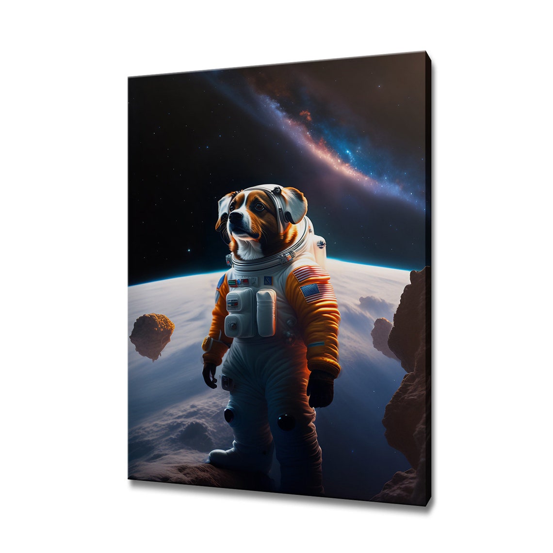Cute Dog Astronaut In Spacesuit Standing On The Moon Space Wall Art
