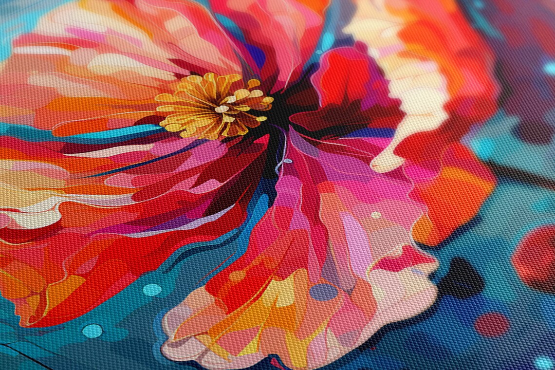 Giant Red Pink Poppy Flower Blue Background Stylized Floral Art Poster - Image 3