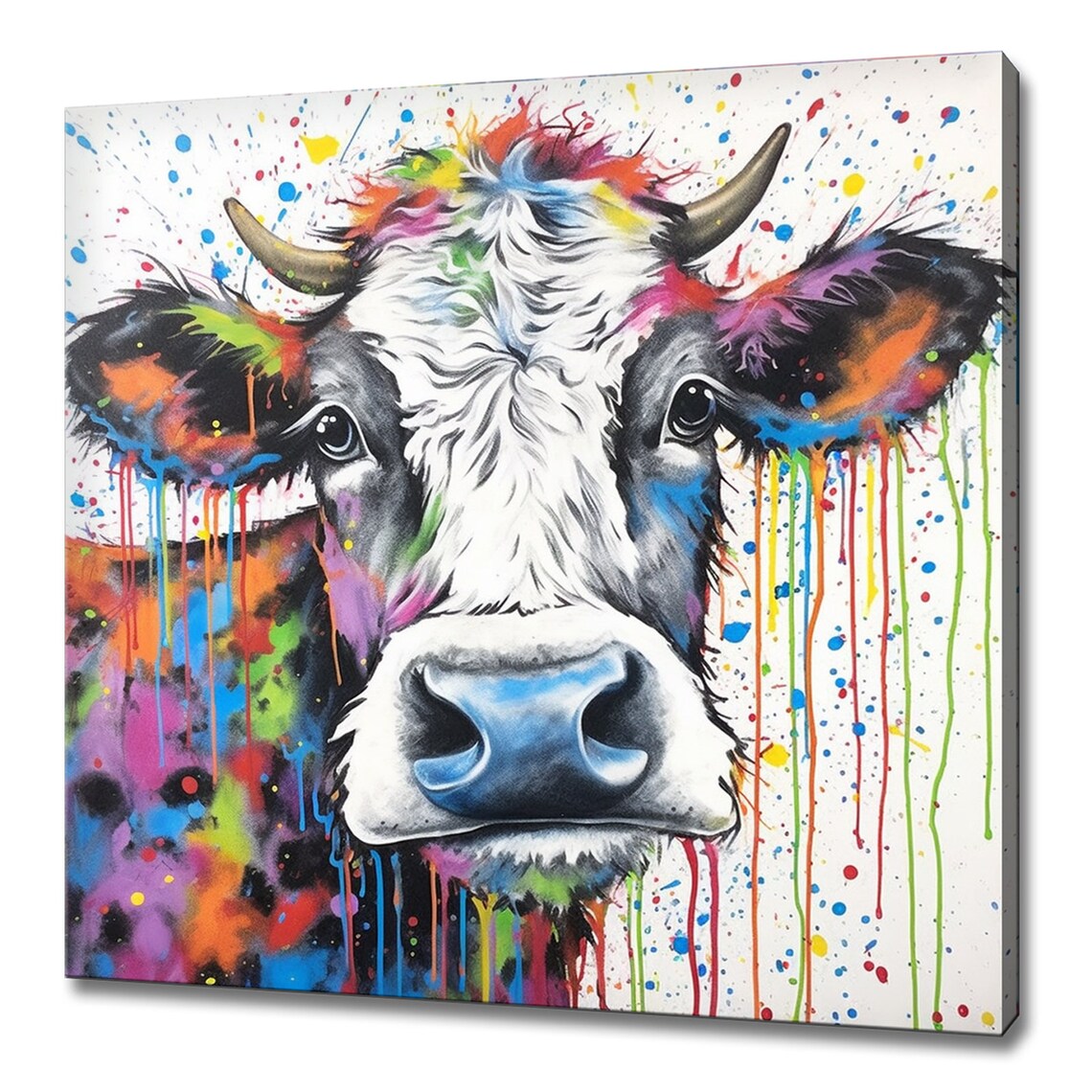 Colorful Splatter Cow Portrait Watercolor Abstract Farm Animal Poster