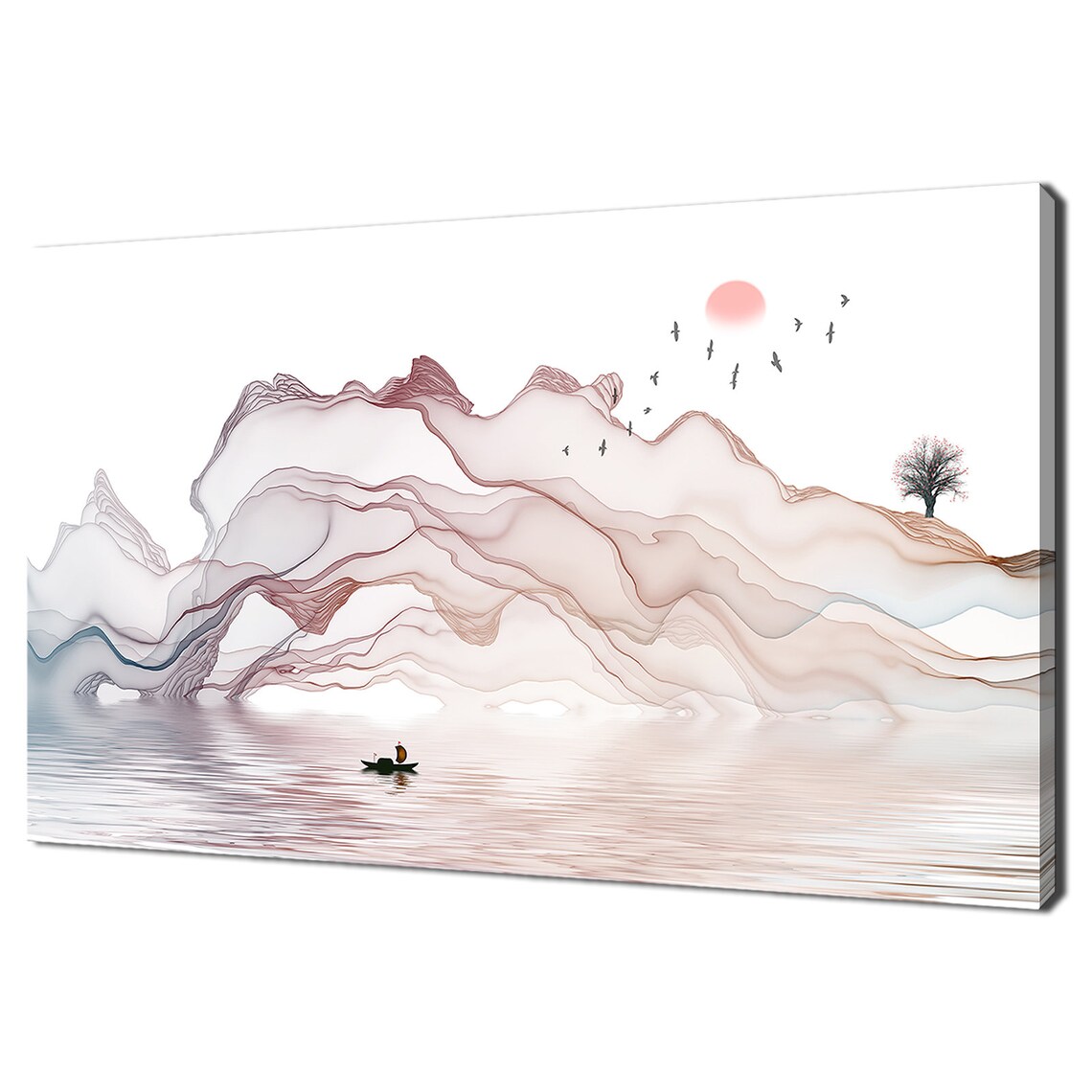 Asian Ink Boat Red Sun Birds Mountain Lake Serene Landscape Wall Art