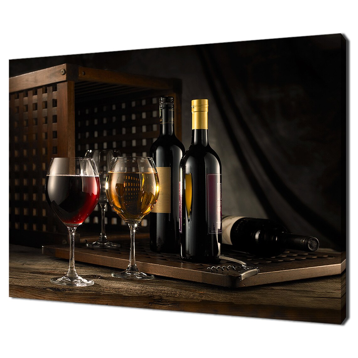 Red White Wine Bottles Glasses Rustic Still Life Vintage Kitchen Wall Art