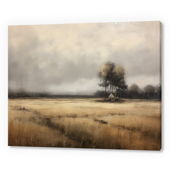 Vintage Countryside Landscape Muted Moody Painting Style Print Farmhouse Decor Art Neutral Nature Picture Wall Hanging