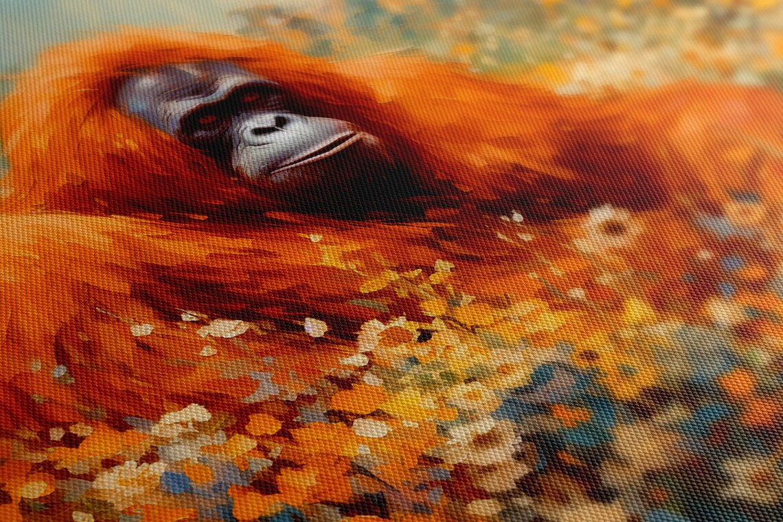 Orangutan Resting in Orange Wildflower Field Impasto Art Poster - Image 2