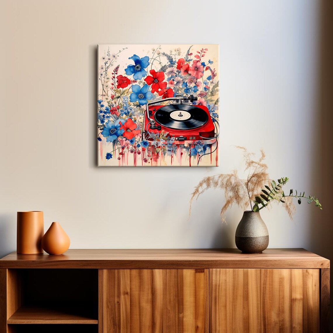 Red Turntable Vinyl Wildflowers Blue Red Watercolor Music Poster - Image 2