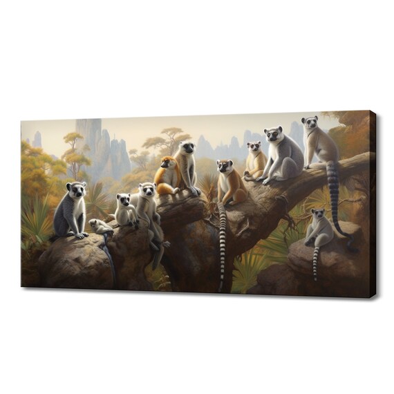 Ring-Tailed Lemur Family Sitting Tree Branch Madagascar Wildlife Wall Art