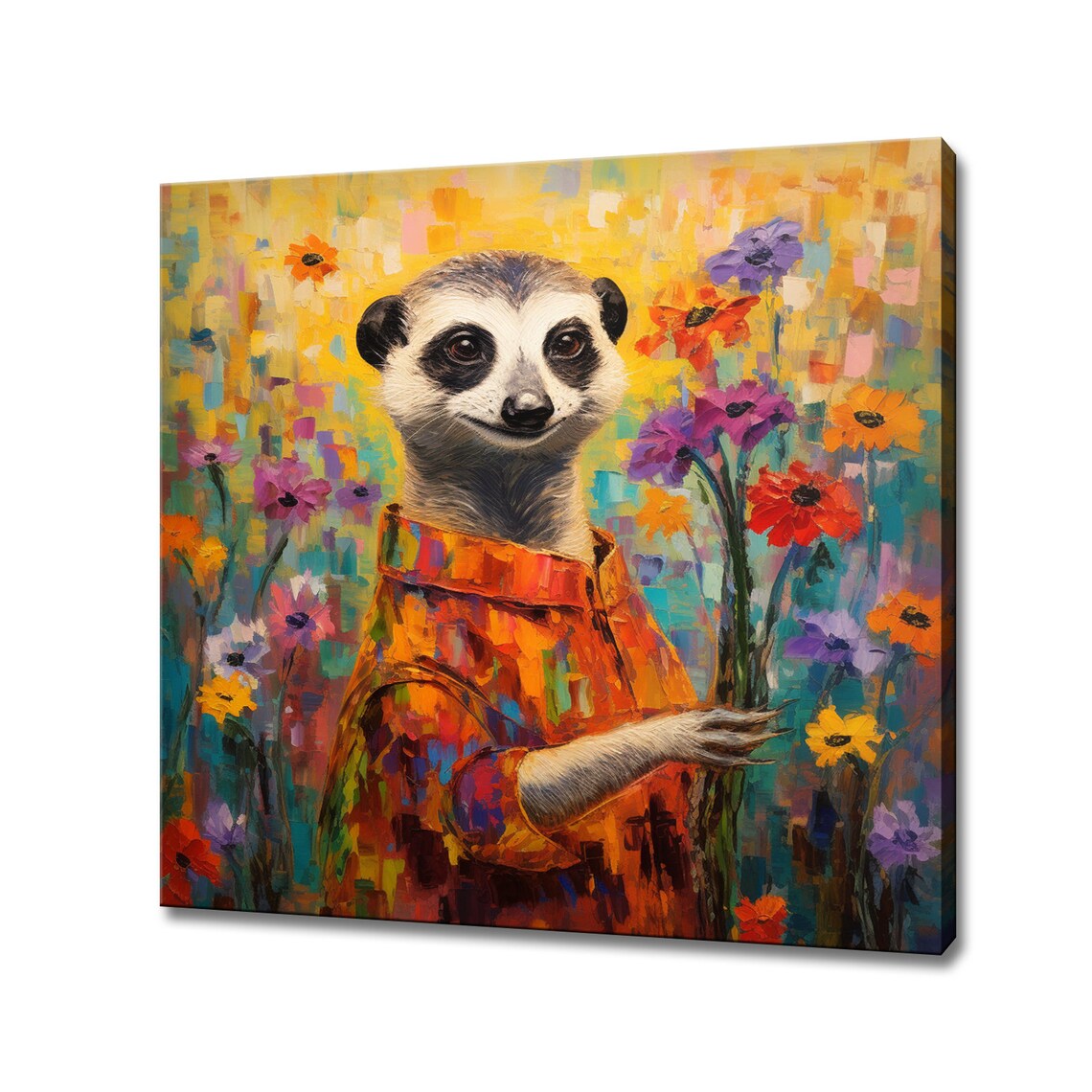 Whimsical Meerkat In A Shirt Holding Flowers Colorful Animal Portrait