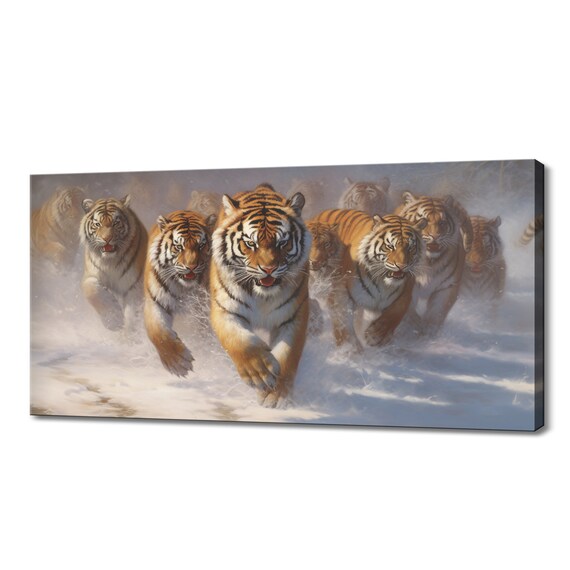 Running Tigers Pack Snow Charge Fierce Wild Cats Winter Hunt Art Print