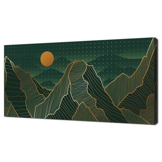 Beautiful Elegant Abstract Golden Green Mountains Moon Art Deco Modern Design Print Wall Art Picture