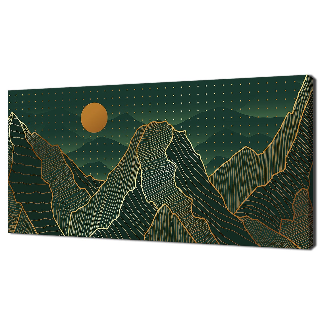 Beautiful Elegant Abstract Golden Green Mountains Moon Art Deco Modern Design Print Wall Art Picture