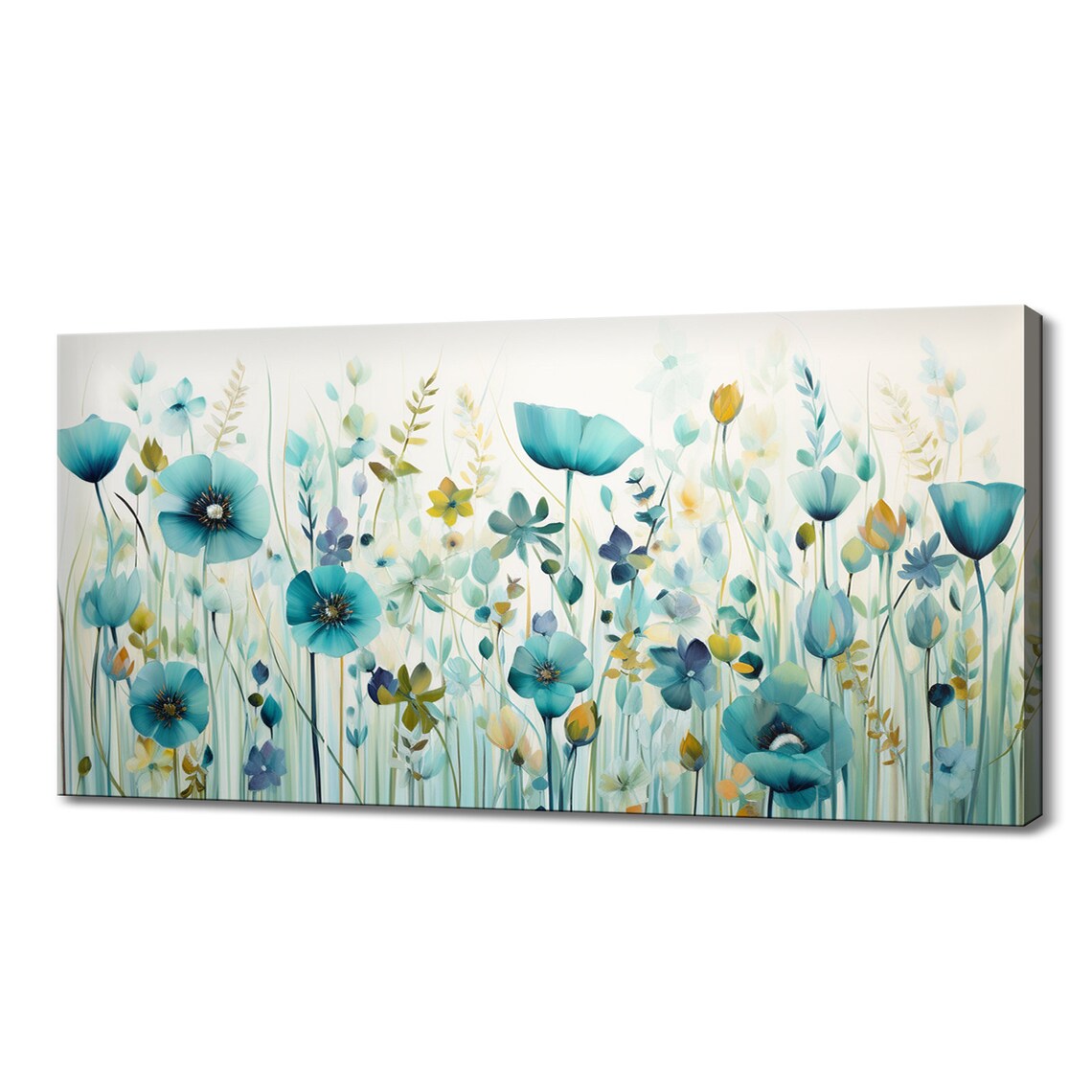 Pastel Teal Spring Wildflowers Meadow, Watercolour Art Print