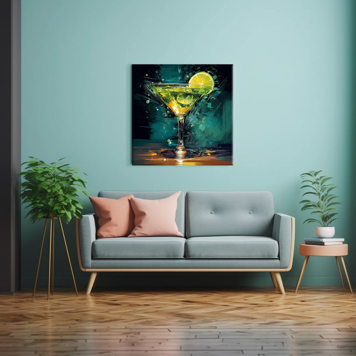 Green Margarita Cocktail Lime Glass Teal Background Wall Print - Image 2