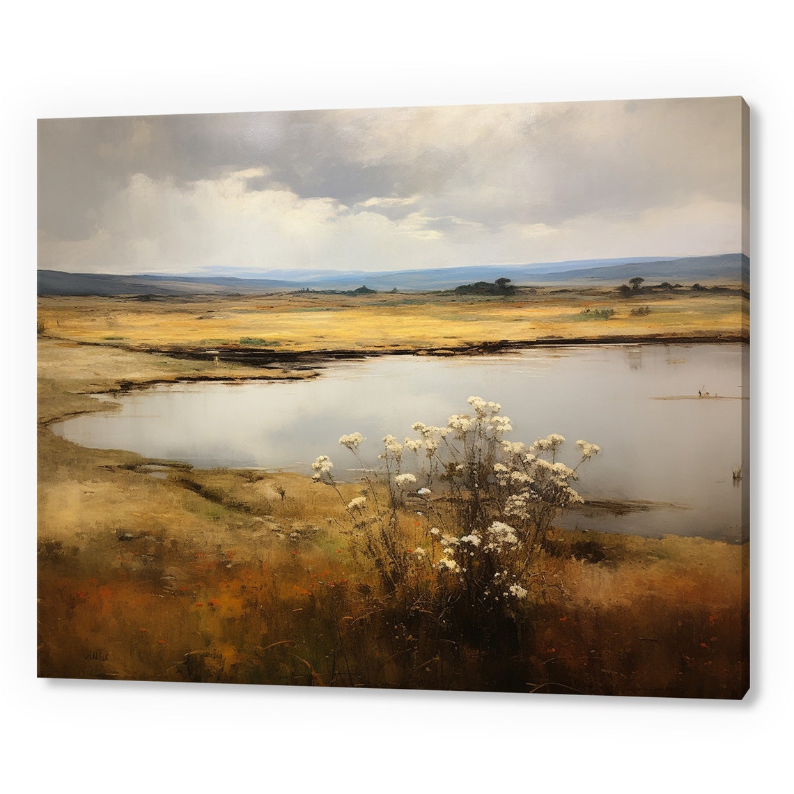 Vintage Country Landscape Flowers Lake Muted Moody Painting Style Print Farmhouse Decor Art Neutral Nature Picture Wall Hanging