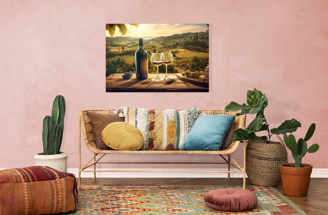 Wine Bottle Glasses Grapes Overlooking Tuscany Vineyard Hills Poster - Image 4