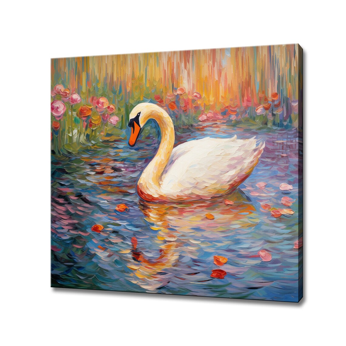 Elegant White Swan On Colorful Pond With Pink Flowers Poster