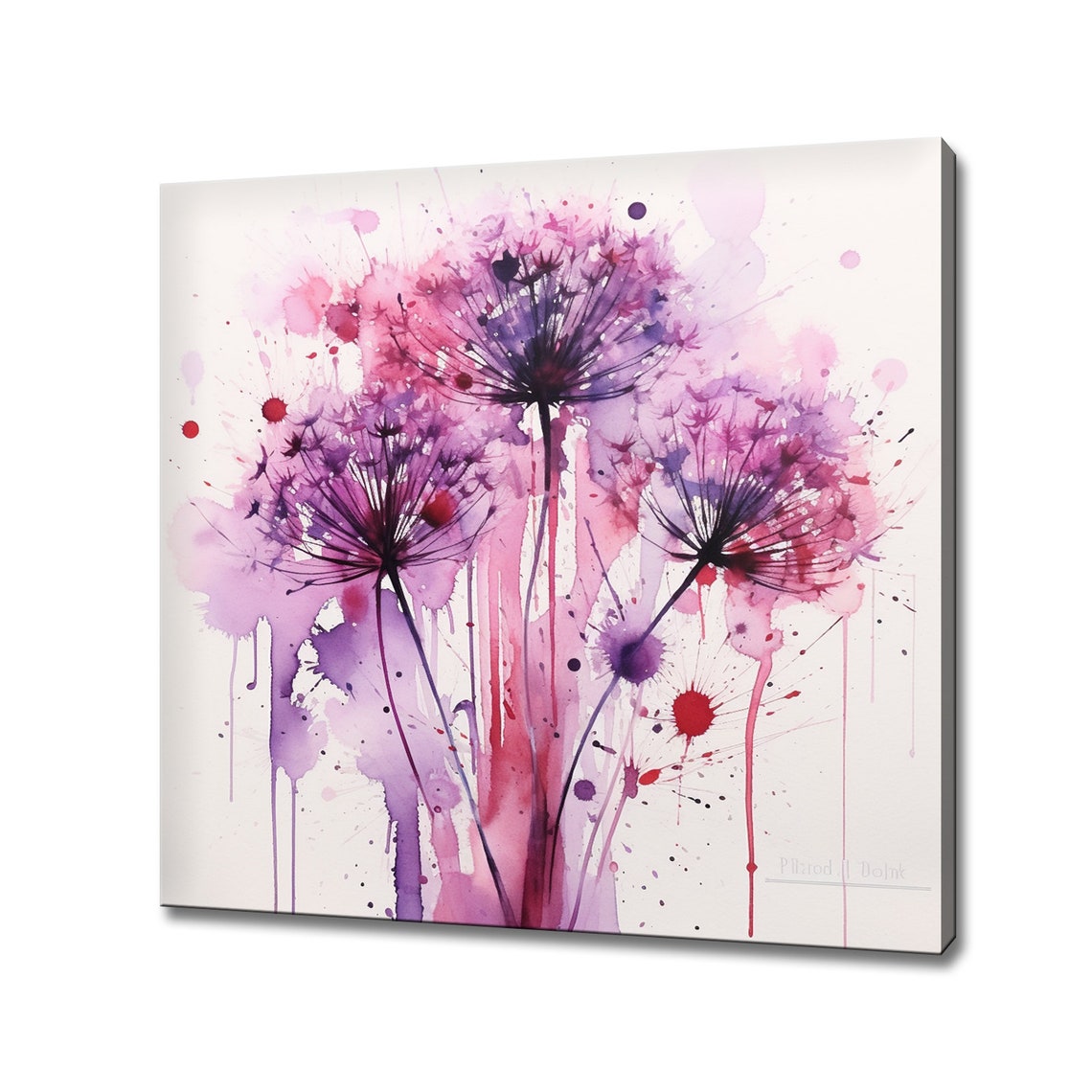 Purple Pink Dandelion Seed Heads Abstract Watercolor Splatter Poster