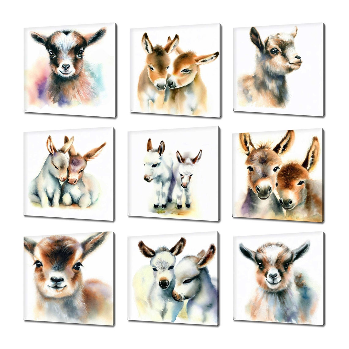 Cute Baby Goats Donkeys Watercolor Art Nine Panel Nursery Poster