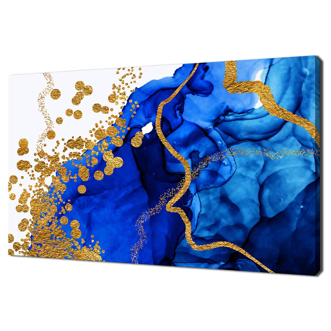 Blue Gold Abstract Ink Swirls Marble Fluid Luxury Modern Art Poster