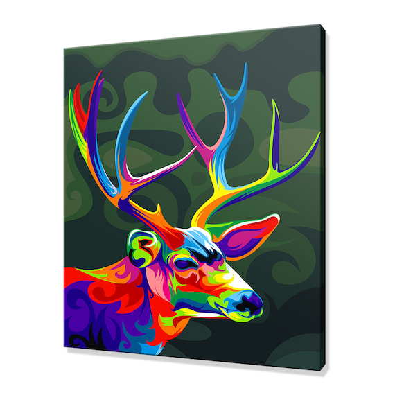 Colorful Deer Stag Pop Art Side Profile On Dark Green Forest Print