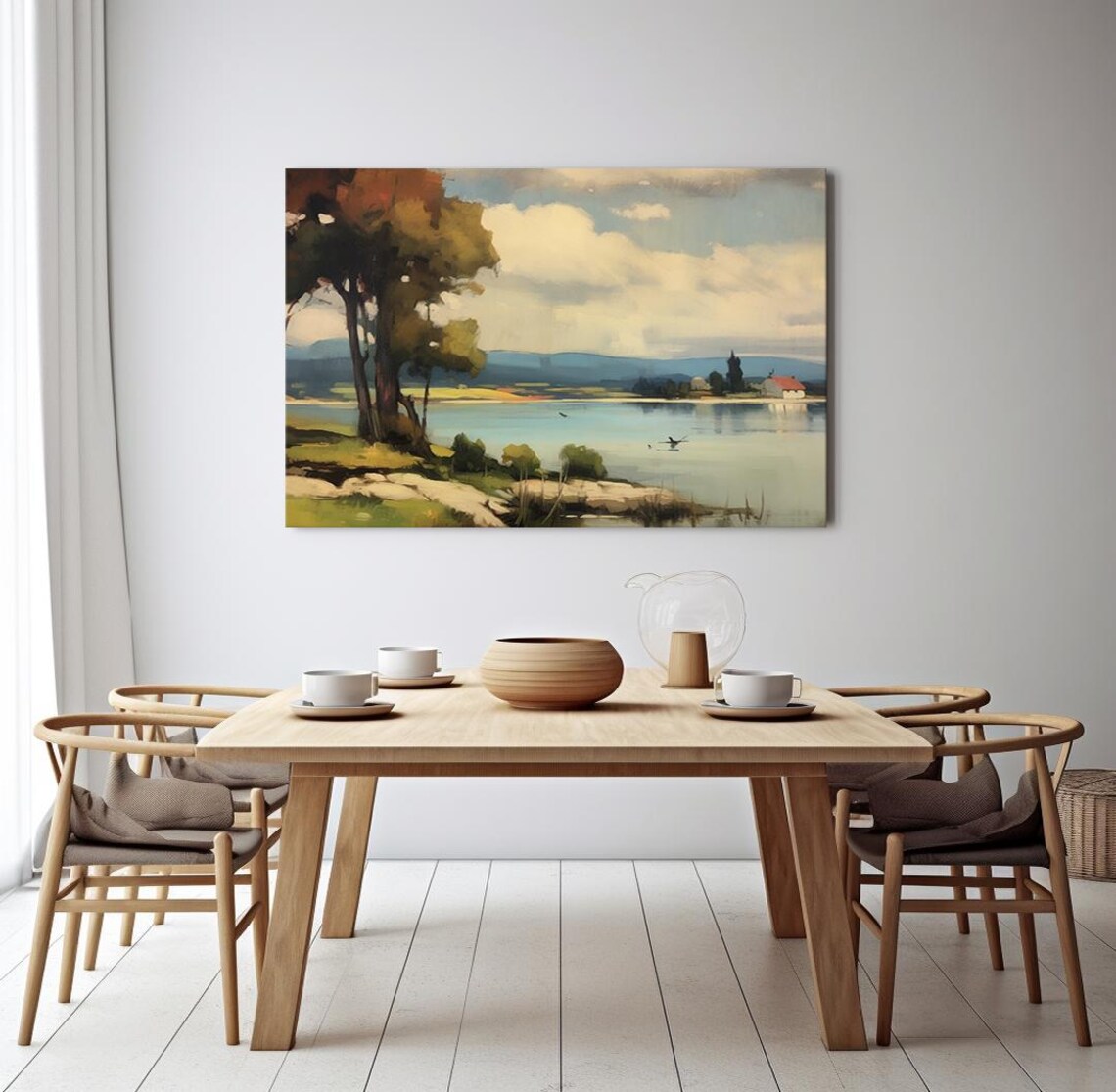 Cottage By The Lake Spring Trees Shore Ducks Vintage Painting Poster - Image 3