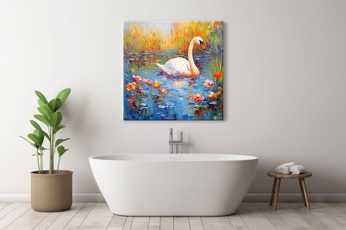Graceful Swan On Golden Flower Lake Vibrant Impressionist Art Poster - Image 3