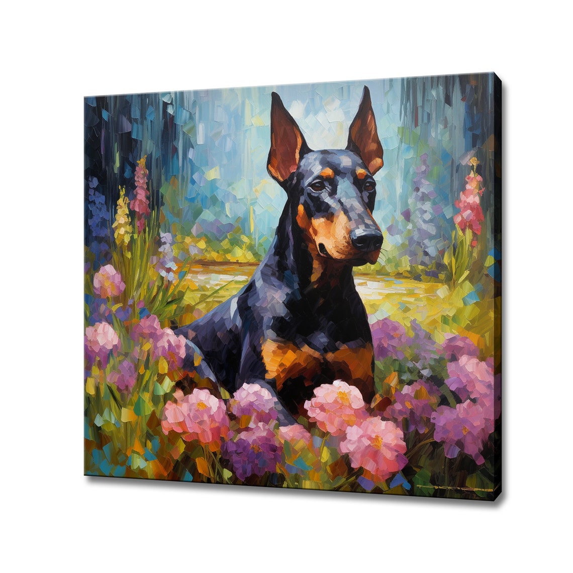Doberman Dog In Flowers Field Animal Print Gift For Doberman Dog Lover Colourful Dog Portrait Painting Print Dog Pet Wall Art