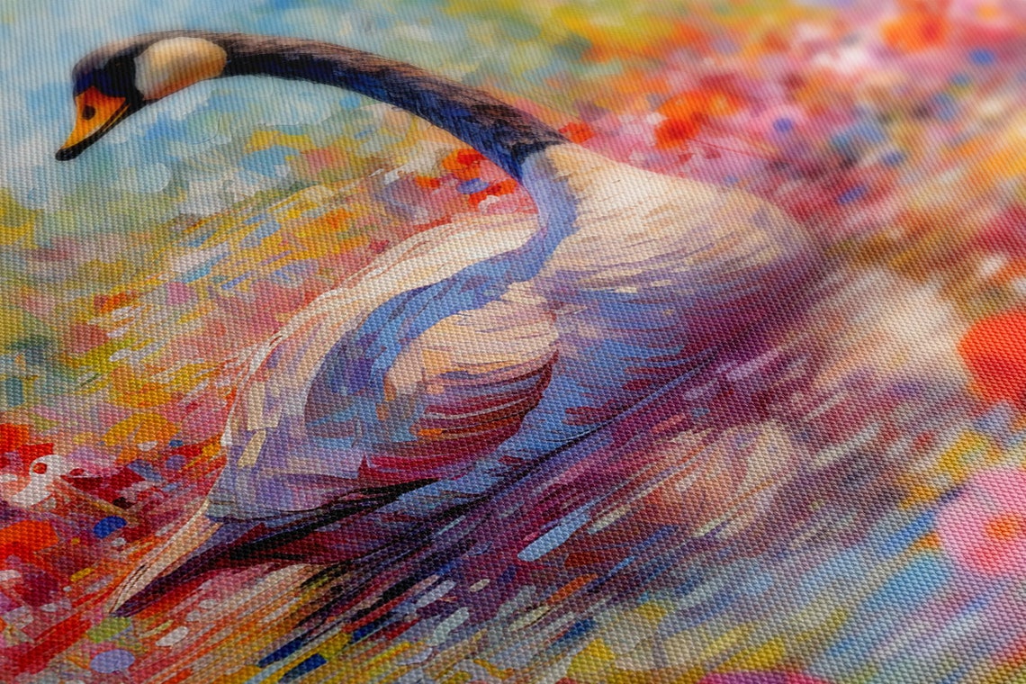Canada Goose Pond Pink Flowers Impressionist Colourful Bird Art Print - Image 4