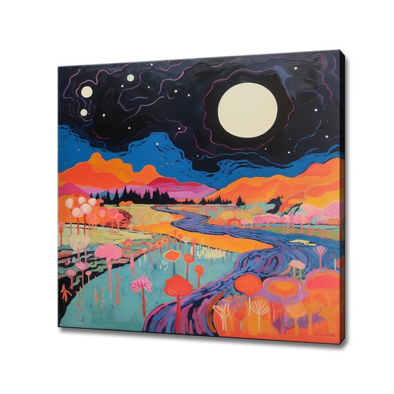 Abstract Fantasy Moonlight Trees River Painting Style Print Large Wall Art Print Nature Picture Wall Hanging