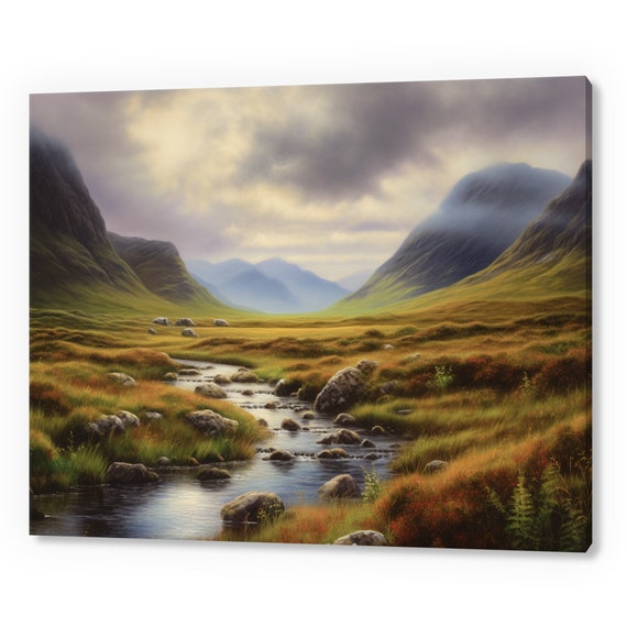 Vintage Country Mountains Landscape Muted Moody Painting Style Print Farmhouse Decor Art Neutral Nature Picture Wall Hanging