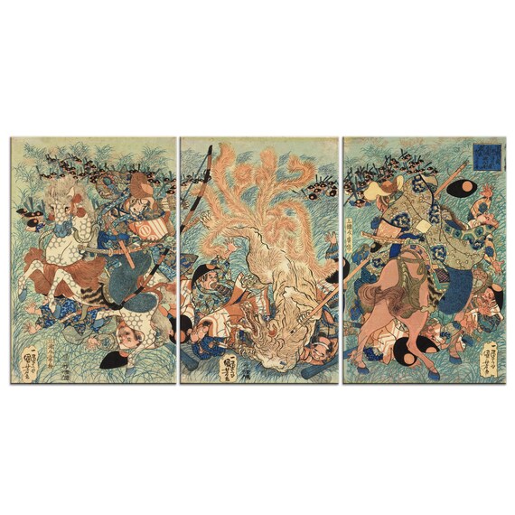 Utagawa Kuniyoshi Nine Tailed Fox Slain On Nasu Moor Battle Triptych Poster