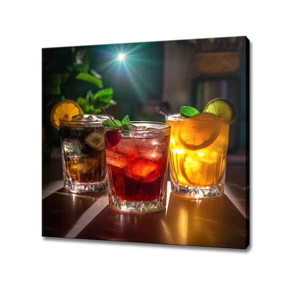 Three Colorful Cocktails on Bar Photo Moody Kitchen Wall Poster