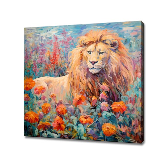 Majestic Lion In Blooming Flower Field Colorful Wildlife Painting Poster