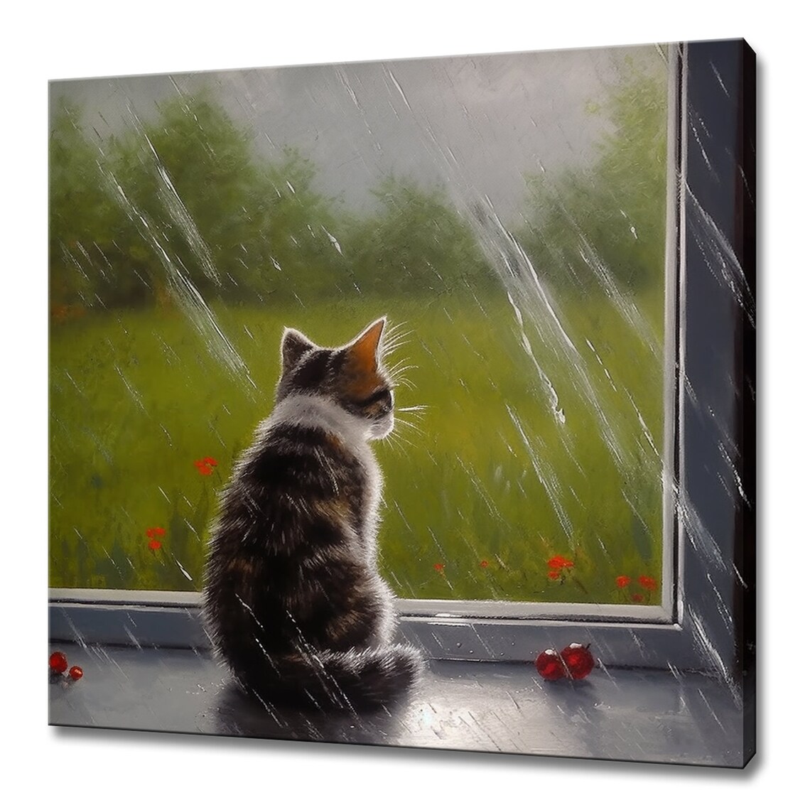 Tabby Kitten Watching Rain On Window Sill Cozy Rainy Day Pet Animal Poster