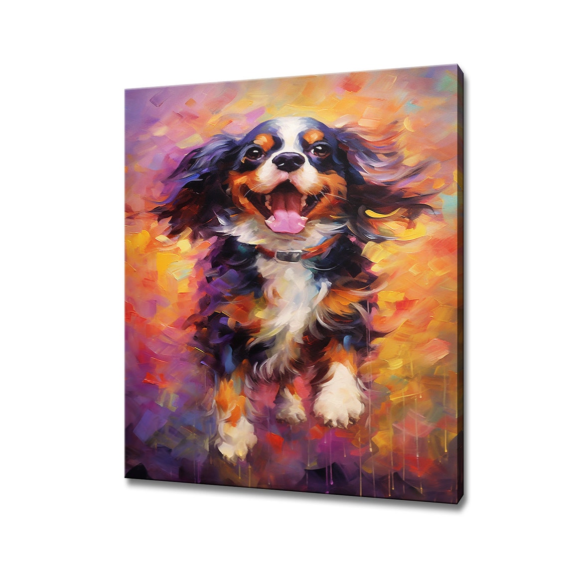 Happy Cavalier King Charles Spaniel Colorful Oil Painting Dog Wall Art