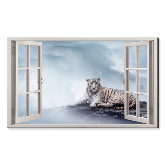 White Tiger Resting On Rock Misty Clouds Open Window View Big Cat Wall Art