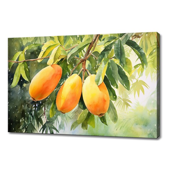 Yellow Mangoes Fruits Tree Branch Watercolour Print Colourful Kitchen Wall Art Fruit Print Kitchen Restaurant Wall Decor