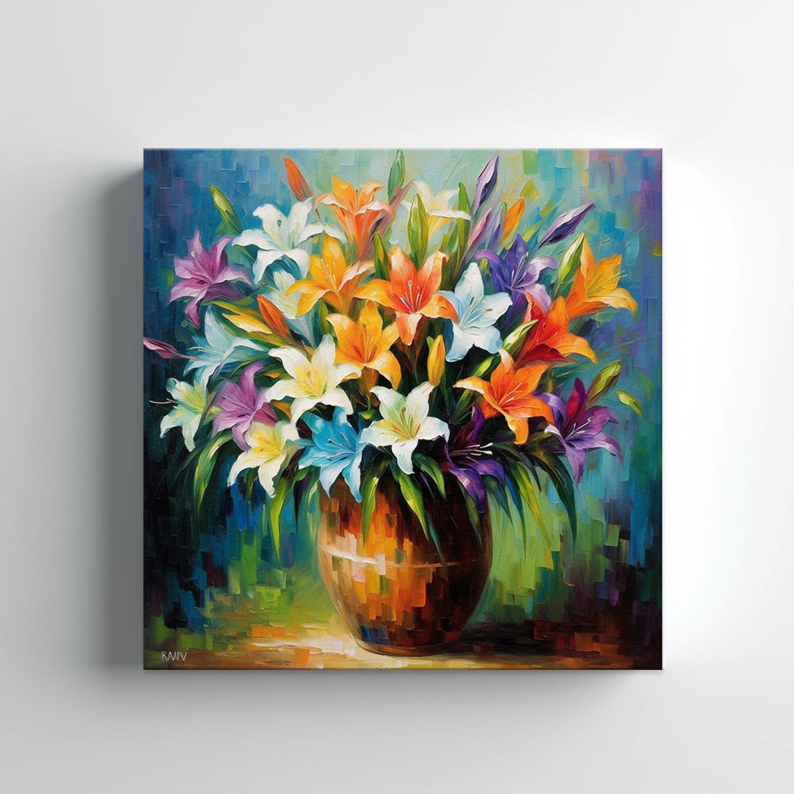 Multicolour Lily Bouquet Amber Vase Mosaic Impasto Floral Art Poster - Image 2