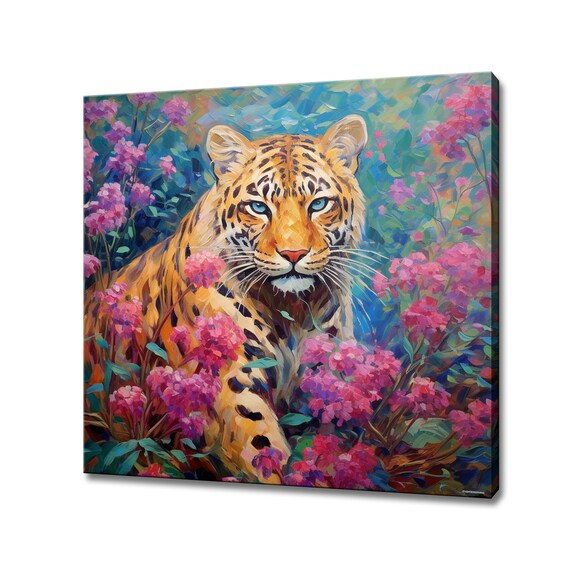 Tiger Resting Among Pink Wildflowers Bold Colorful Art Poster