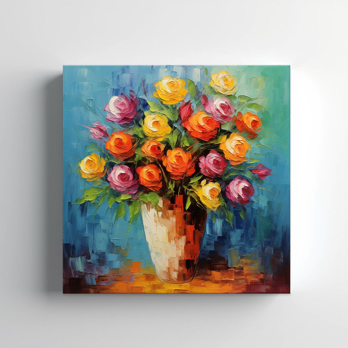 Colorful Roses In Vase Blue Background Impressionist Floral Oil Poster - Image 2