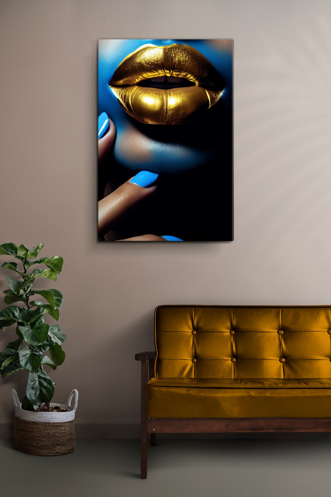 Shimmering Gold Lips on Dark Blue Beauty Portrait Fashion Art Poster - Image 2