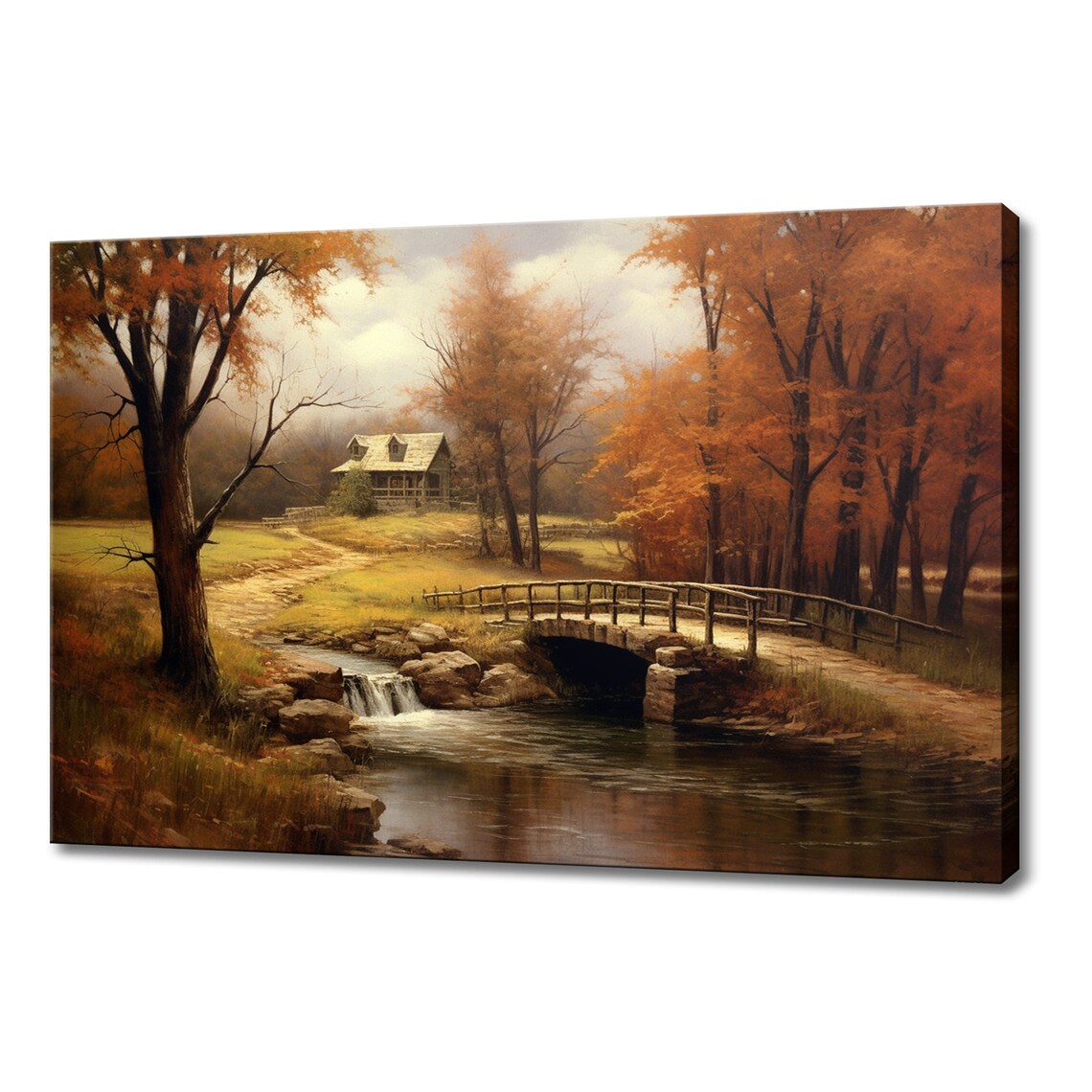 Vintage Cottage House In Autumn Forest Painting Style Print Farmhouse Decor Art Neutral Nature Picture Wall Hanging Fine Art Print