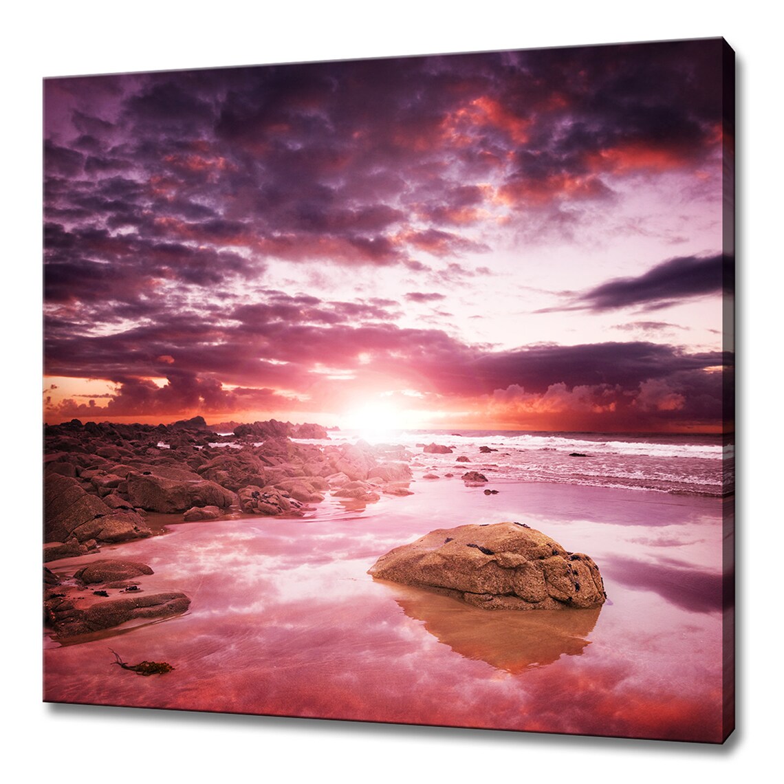Stunning Pink Purple Sunset Over Rocky Coastline Ocean Seascape Poster