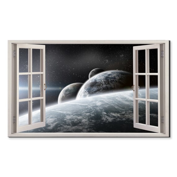 Fantasy Planets Outer Space Window View Night Sky Stars Cosmic Wall Art Poster