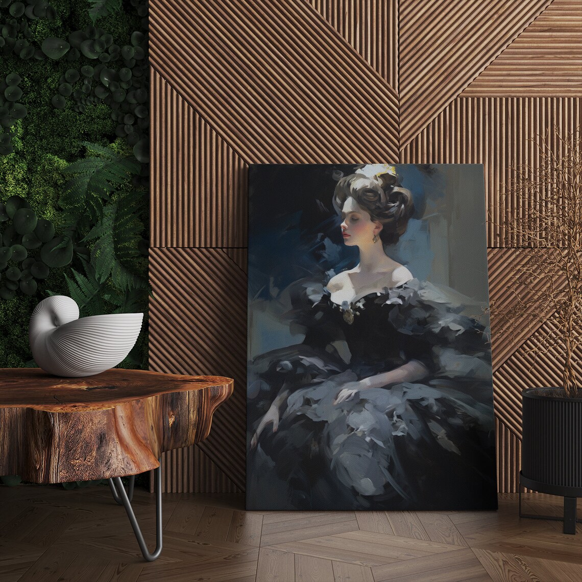 Elegant Lady In Smoky Grey Black Victorian Gown Painterly Wall Art - Image 4