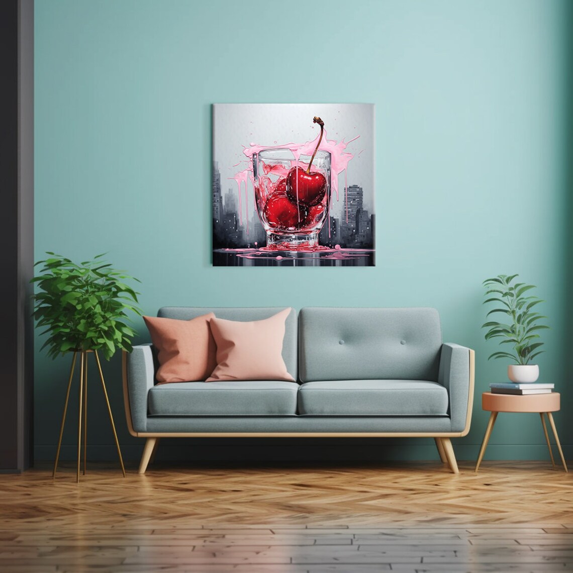 Cherry Cocktail Splash City Skyline Bar Watercolor Art Print - Image 2