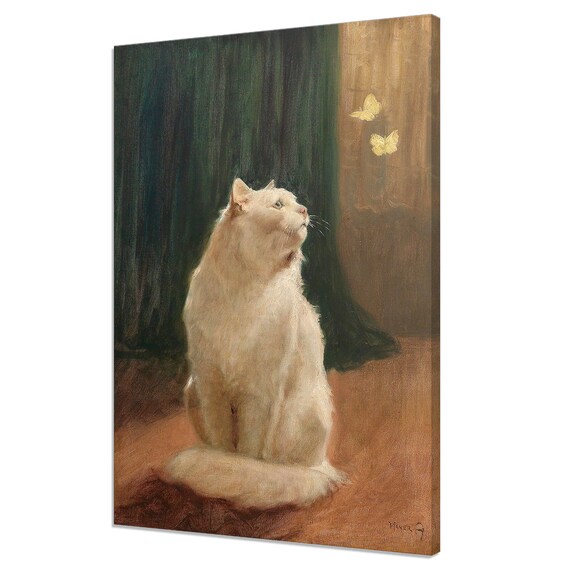 White Cat And Two Yellow Butterflies Vintage Oil Painting Poster