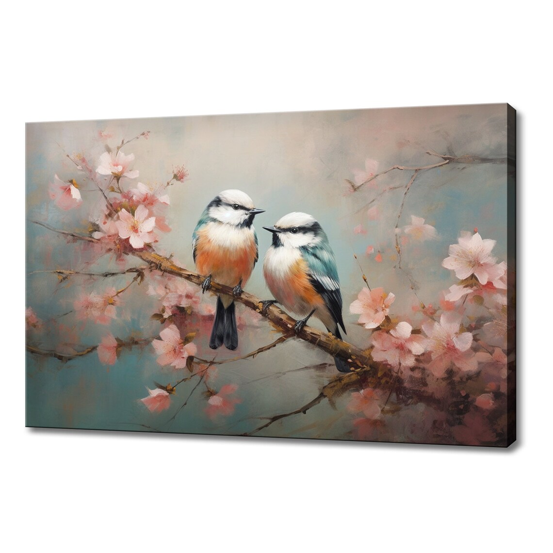 Two Fluffy Songbirds Sitting On Cherry Blossom Branch Painting Poster