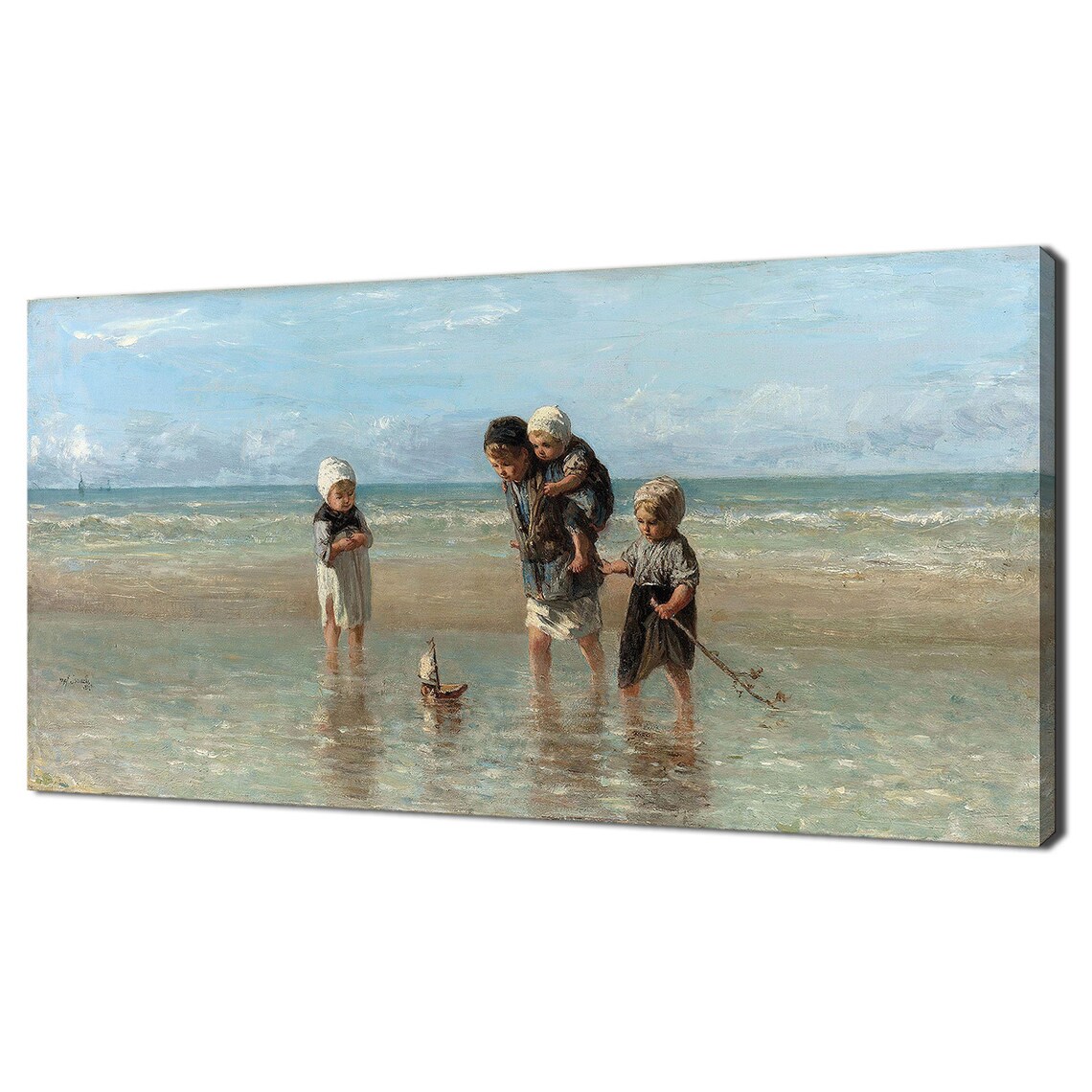 Children Of The Sea Playing With Toy Sailboat On The Beach Art Poster