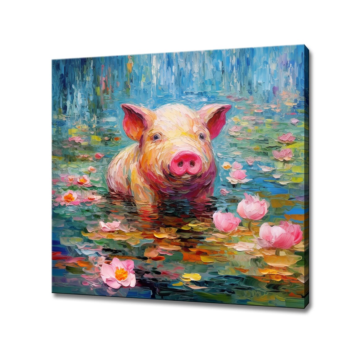 Pink Piglet In Pond With Water Lilies Colourful Painting Wall Poster