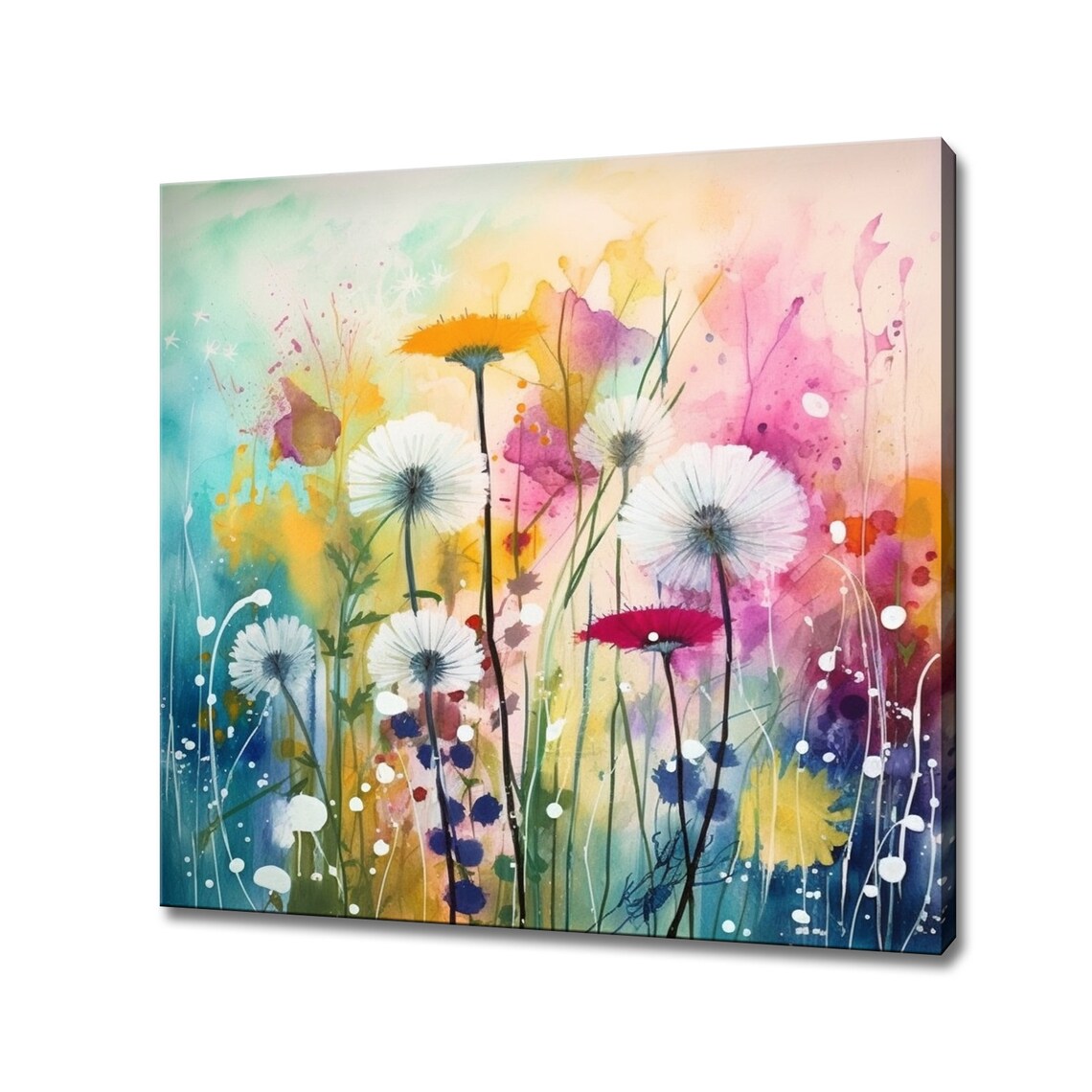 White Dandelion Seed Heads Colorful Pastel Watercolor Painting Poster