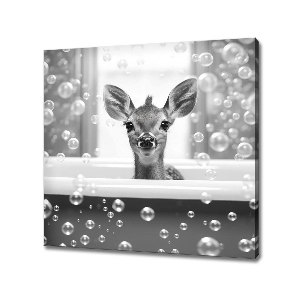 Cute Baby Deer In A Bubble Bath Black And White Nursery Art Print